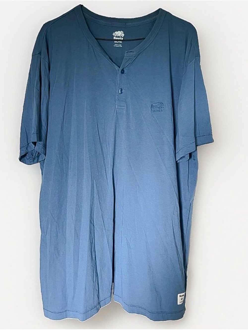 Roots Men's Blue Henley Short Sleeve Shirt Embroidered 2XL